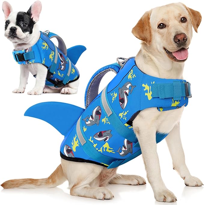 AOFITEE Dog Life Vest for Swimming, Shark Dog Life Jacket Large, High Flotation Dogs Swimming Vest with Rescue Handle and Reflective Stripe, Dogs Lifesaver Swimsuit for Boating Summer Pool Beach, XL