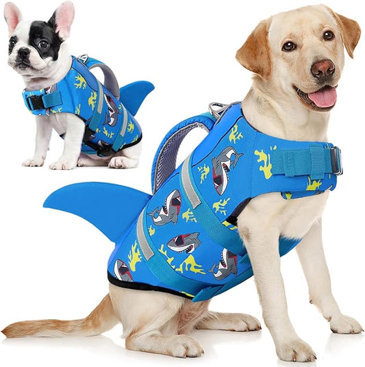 AOFITEE Dog Life Vest for Swimming, Shark Dog Life Jacket Large, High Flotation Dogs Swimming Vest with Rescue Handle and Reflective Stripe, Dogs Lifesaver Swimsuit for Boating Summer Pool Beach, XL