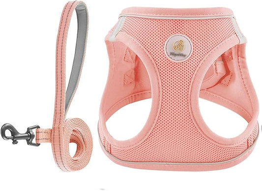 Dog Harness and Leash Set, No Pull Soft Mesh Pet Harness for Small Medium Dogs, Cats - Step in Adjustable Reflective Puppy Harness with Buckle and Double D-Rings - Pink, L