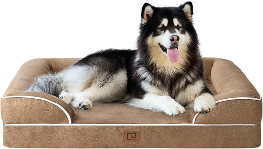 EHEYCIGA Orthopedic Dog Beds for Extra Large Dogs, Waterproof Memory Foam XXL Dog Bed with Sides, Non-Slip Bottom and Egg-Crate Foam Big Pet Couch Bed with Washable Removable Cover, Camel