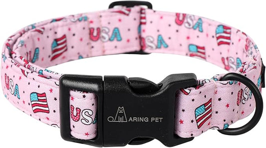 ARING PET 4th of July Dog Collar-Cotton Pink Patriotic Dog Collar, Adjustable American Flag Puppy Collars with Quick Release Buckle for Small Medium Large Dogs