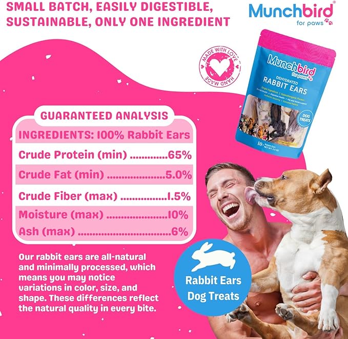 Dehydrated Rabbit Ears 100g (3.5 oz) 12-15 pcs for Dogs, European Furry Rabbit Ear Natural Fiber for Pets, Rawhide Free Alternative to Pig Ears Dog Treats, Ear Size Varies