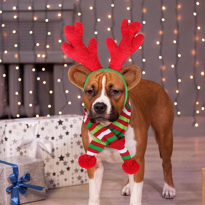 BWOGUE Dog Christmas Reindeer Elk Antlers Headband and Red-White-Green Striped Scarf Set Pet Christmas Costume Dog Costumes Accessories for Dogs and Cats