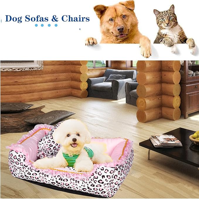 Gigreinc Dog Bed for Small Dogs - Cute Pink Leopard Dog Bed,Cat Beds for Indoor Cats Washable - Square Shape Cat Dog Sofa Bed Pet House Nest Cave(L, 22.0" L x 17.0" W x 6.0" Th
