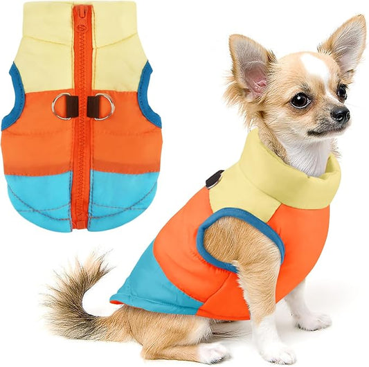 Idepet Pet Dog Cat Coat with Leash Anchor Color Patchwork Padded Puppy Vest Jacket Teddy Chihuahua Costumes Pug Cloth XS S M L (Large (Pack of 1), Sky Blue)