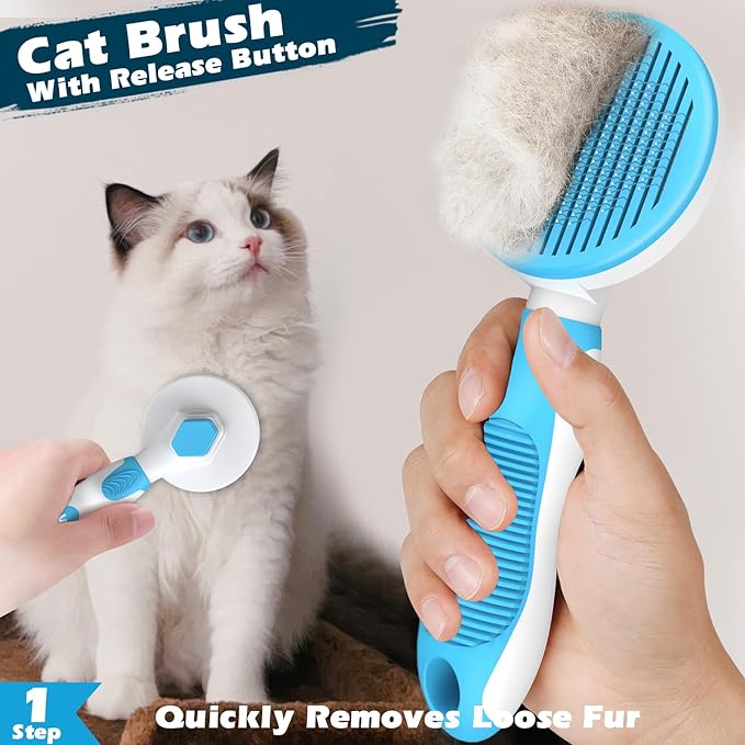 Comotech 3PCS Cat Grooming Kit | Cat Brush | Cat Brushes for indoor Cats | Cat Nail Clipper | Cat Nail Trimmer | Cat Bath Brush | Cat Brush for Shedding - Premium Cat Supplies (Blue)