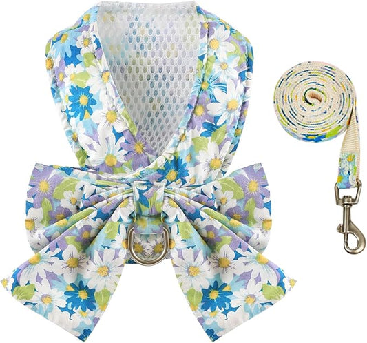 BAEJMJK Dog Harness and Leash Set with Bow Knot No Pull Pet Daisy Floral Harness with D-Ring Soft Mesh Dog Harness Vest Set Escape Proof Princess Puppy Harness for Small Girl Dogs Cats(Blue A XS)
