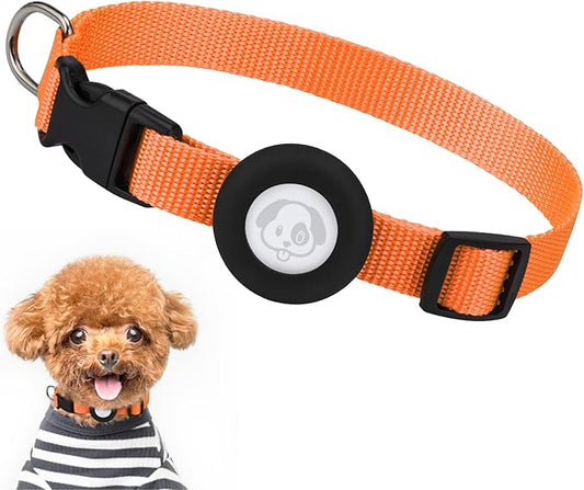 Compatible with Airtag Dog Collar, Adjustable Air Tag Dog Collar with Durable Quick Snap Buckle, Imitation Nylon Dog Collar with Waterproof Apple Airtag Holder for Small Dogs (S(6"-16"), Orange)
