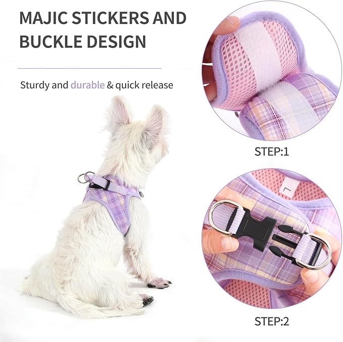 voopet Small Dog Harness and Leash Lightweight Cat Comfort Padded Soft Mesh Vest Step in Dog Harness No Pull No Choke Reflective Small Plaid Girl & Boy Puppy Kitty Walking Harness, Purple L