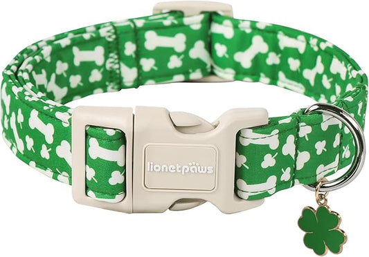 Lionet Paws St. Patrick Dog Collar- Cute Clover Bone Green Dog Collars with Plastic Buckle, Light Adjustable Dog Collars with Clover Pendant for Small Medium Dogs