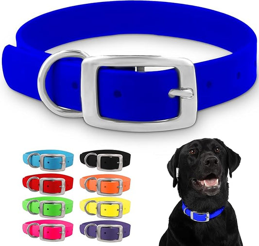 Regal Dog Products Large Blue Dog Collar with Heavy Duty Double Buckle & D Ring | Vinyl Coated, Custom Fit, Adjustable Biothane Dog Collar | Chew Resistant Waterproof Collar for Dogs