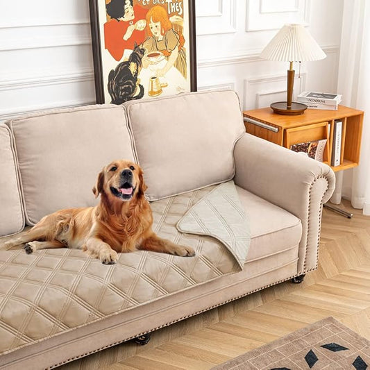 fuguitex Waterproof Dog Blanket, Pet Friendly Reversible Throw Essential for Small Dogs, Tear Resistant Leakproof Washable Couch Cushion Bed Protector Cover for Indoor Furniture(30"*53",Beige+Cream