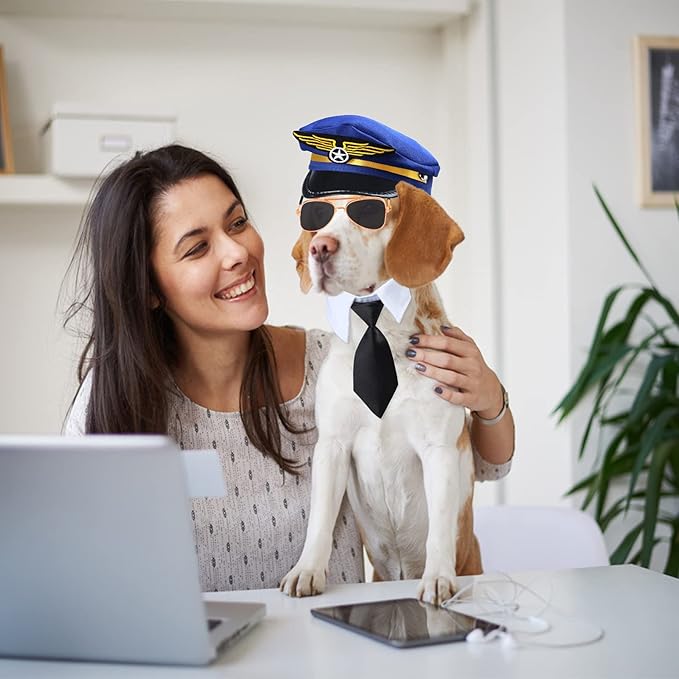 Yewong 3 Pieces Pet Captain Pilot Costume Accessory Set Dog Cat Pilot Hat Formal Necktie Collar Pilot Costume Accessories for Pet Pilot Fancy Dress Halloween Party (Set-C)