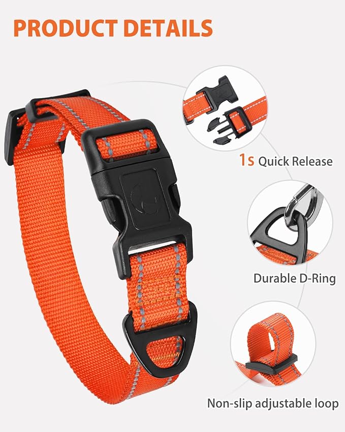 Joytale Small Dog Collar, Reflective and Adjustable Nylon Collar with Quick-Release Buckle, Lightweight No-Choke Design for Small Dogs, Orange, 5/8" Width
