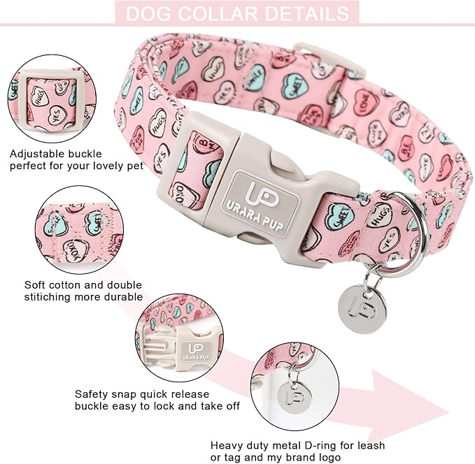 Pink Heart Dog Collar, Valentine's Gift for Puppy, Small to Extra Large Dogs, Cotton, Unique Craftsmanship Design, Breathable, Comfortable
