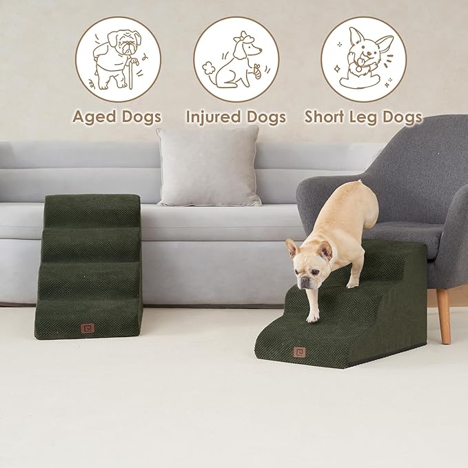EHEYCIGA Curved Dog Stairs Ramp for Small Dogs 15.7" H, 3-Step Dog Steps for Couch Sofa and Chair, Pet Stairs for Cats, Non-Slip Balanced Pet Steps Indoor, Olive Green