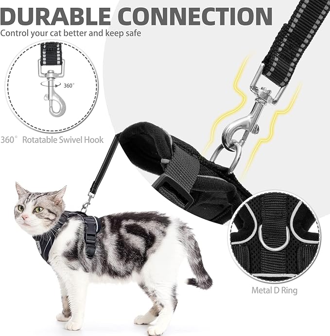 PUPTECK Cat Harness and Leash Set Escape Proof Reflective Cat Walking Harness Adjustable Soft Breathable Mesh Vest for Small Pets, Black, XS