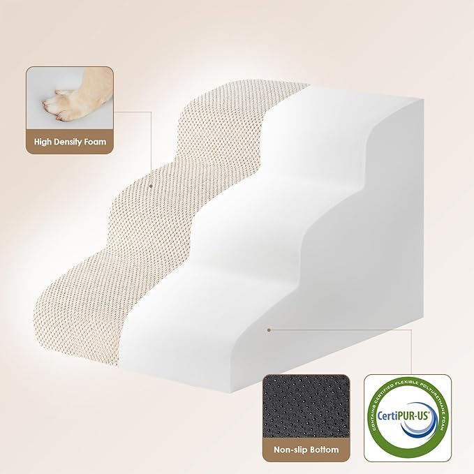 EHEYCIGA Curved Dog Stairs Ramp for Small Dogs 15.7" H, 3-Step Dog Steps for Couch Sofa and Chair, Pet Stairs for Cats, Non-Slip Balanced Pet Steps Indoor, Beige