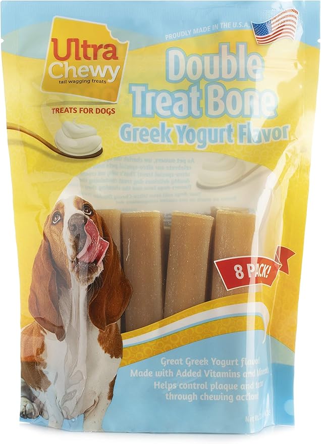 Ultra Chewy Double Treat Bones: Long-Lasting Dog Treats Made in USA for Large and Small Breeds, Highly Digestible, Ideal for Aggressive Chewers (Greek Yogurt, 2 Value Packs)
