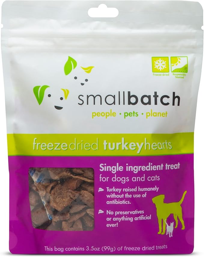 smallbatch Pets Premium Freeze-Dried Turkey Heart Treats for Dogs and Cats, 3.5 oz, Made and Sourced in The USA, Single Ingredient, Humanely Raise Meat, No Preservatives or Anything Artificial Ever
