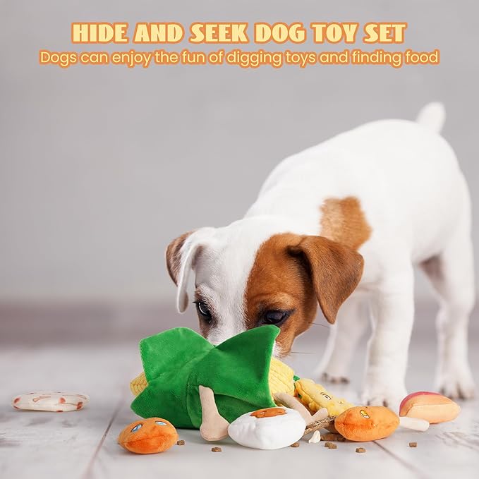 Nocciola Squeaky Crinkle Corn Dog Toys: Plush Stuffed Yellow Pet Chew Toys for Small Medium Breeds Teething, Cute Interactive Cognitive Burrow Digging Hide and Seek Puzzle Puppy Supplies, 7 Packs