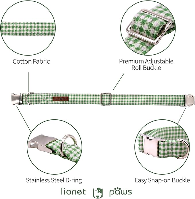 Lionet Paws Dog Collar, Comfortable Adjustable Cute Collar with Metal Buckle for Male Female Dogs, Green&White Grid Pattern, Large, Neck 16-24 inches