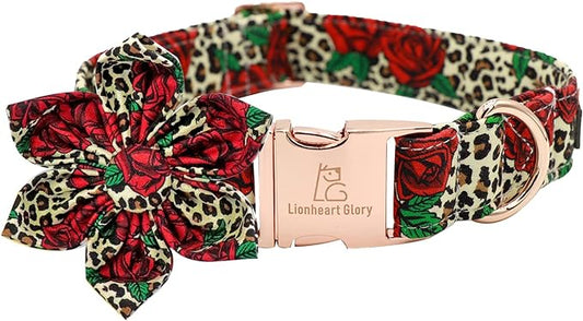 Lionheart Glory Dog Collar, Red Rose Dog Collar with Flower, Cute Floral Pattern Pet Collar Adjustable Dog Collar for X-Large Dogs