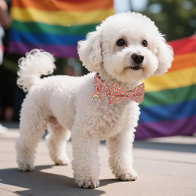 ADOGGYGO Rainbow Dog Collar with Bow, Detachable Bow, Metal Buckle, Adjustable Rainbow Collars for Small Dogs Boy Girl Male Female (X-Small)