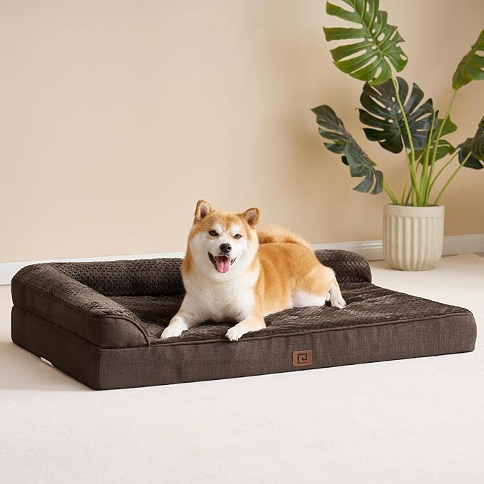 EHEYCIGA Memory Foam Dog Bed Large Sized Dogs, Pet Bed for Large Dog for Crate with Waterproof Liner, Pet Couch Bed Orthopedic with Washable Removable Cover, 35x23x6 Inches, Brown