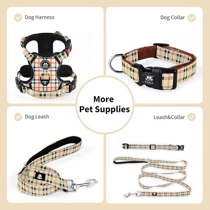 NESTROAD Dog Collar and Leash Set,Durable Leather Pet Collar with Quick Release Buckle,Adjustable Nylon Dog Collars for Small Medium Large Dogs(Medium Collar + 5FT Leash,Cherecked Beige)