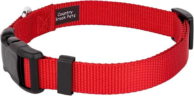Country Brook Petz - American-Made Dog Collar for Large, Medium, and Small Dogs and Puppies - Deluxe Heavy Duty Nylon in 33 Dazzling Colors (Small, 3/4 Inch Wide, Bright Red)