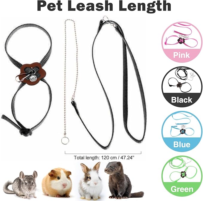 2 Pack Adjustable Hamster Leash Harness for Harness for Ferret Baby Rabbit Hamster Rat Mouse Leash Lead with Bell (Black)