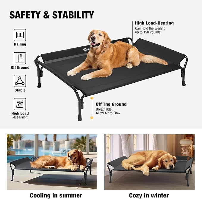 Veehoo Cooling Elevated Dog Bed, XL Raised Pet Cot with Guardrail & Slope Headrest, Durable Breathable Teslin Mesh, Non-Slip Feet, Washable Dog Couch Bed for Indoor & Outdoor, 50.5" x 33.5, Black