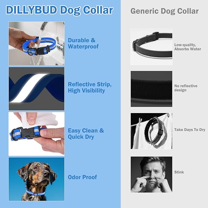 Waterproof Dog Collar, Soft Rubber with Safety Buckle - Adjustable Dog Collars for Large Small Medium Dogs Puppy, Heavy Duty Odor-Resistant Reflective Pet Collar, Blue M