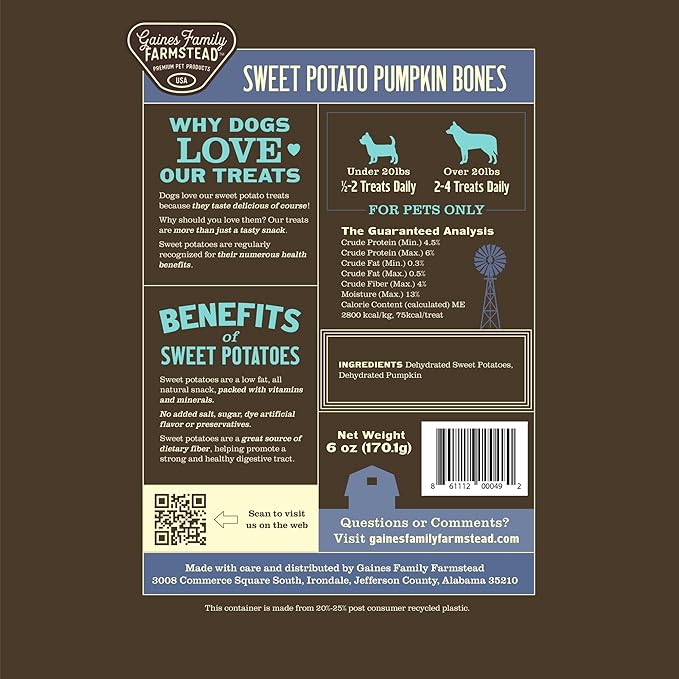 Gaines Family Farmstead Sweet Potato & Pumpkin Dog Bones – 40 oz, Natural, Grain-Free Dog Treats for Digestive Health & Immunity – High-Fiber, Vitamin-Rich Chews for All Dogs, Made in USA