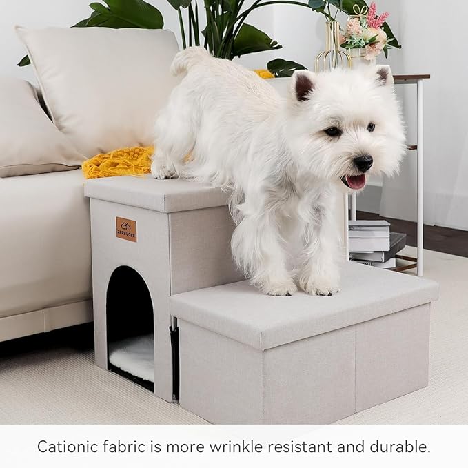 Dog Stairs with Condo 15" H, 2-Step Wider Dog Steps for Small/Medium/Large Old Dogs Cats, Folding Sturdy Storage Pet Stairs Climbing Bed Couch, Ramp for Car Hold Up to 150 lbs, Beige Gray