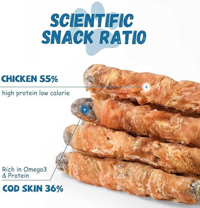 Chicken Wrapped Cod Fish Skin Stick Dog Treats, Healthy High Protein Omega3 Cod Twist Dog Chews Real Chicken Wrap Teeth Cleaning for Large Medium Small Pets 10.58 OZ