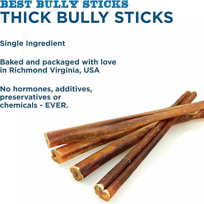Best Bully Sticks 12 Inch Thick Bully Sticks for Dogs - 18 Count (Pack of 1) - Natural, Grass-Fed Beef, Single Ingredient, Grain and Rawhide Free - Large Breeds