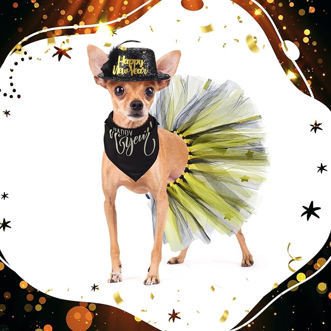 Suhine 3 Pieces Happy New Year Costume Dog Outfit Accessories Includes Pet Hat, Triangle Dog Bandana and Tulle Tutu Skirt for Medium Large Pets New Year Costume Supplies