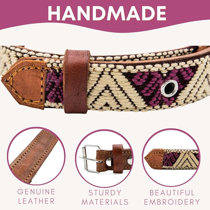Western Dog Collar - Leather Embroidered Design for Small Medium Large Dogs & Puppy Pets - Aztec Southwest for Boy and Girl Female & Male Dogs - Collar para Perros Beaded (Large, Baja White)