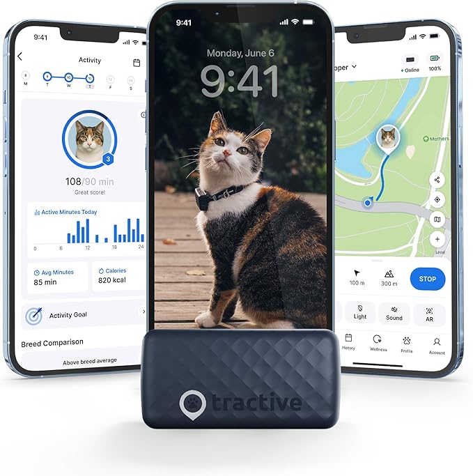 Tractive GPS Cat Tracker (6.5 lbs+), Real-time Pet Location Tracker, Health & Wellness Alerts, Battery Life Up to 7 Days, Breakaway Cat Collar Included (Dark Blue)