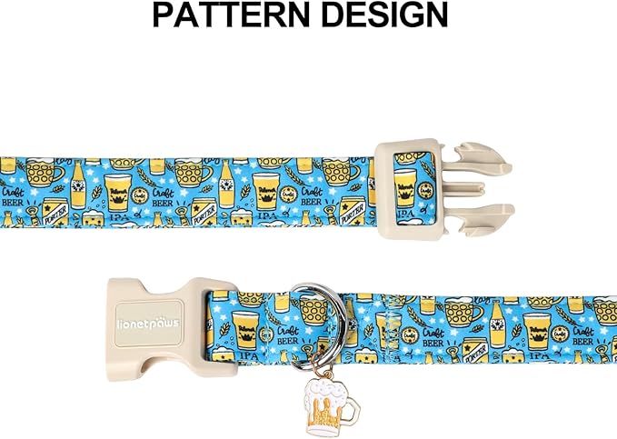 Lionet Paws Summer Dog Collar- Cute Beer Dog Collars with Plastic Buckle,Blue Yellow Light Adjustable Dog Collars for Small Dogs
