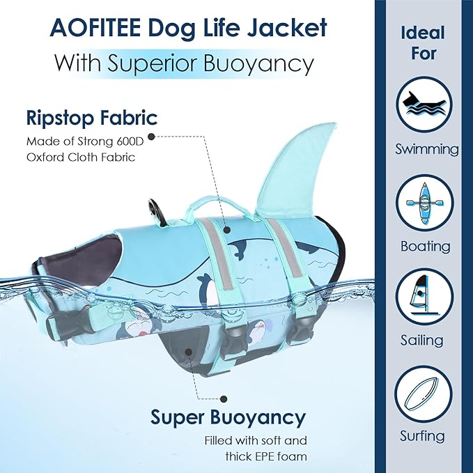 AOFITEE Dog Life Jacket, Shark Dog Life Vest for Swimming Boating, High Flotation Pet Lifesaver with Rescue Handle, Reflective French Bulldog Lifejacket, Life Jackets for Small Medium Large Dogs, M