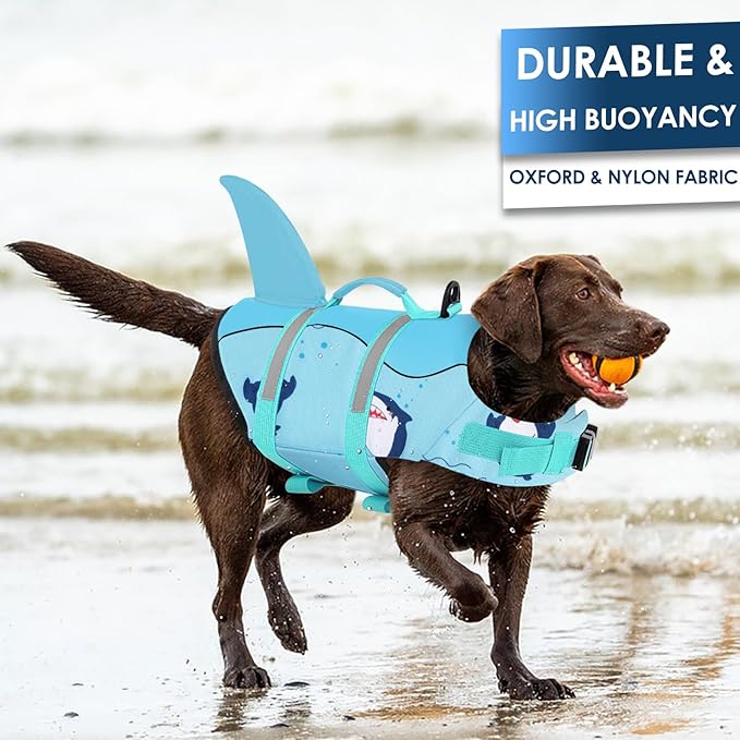 AOFITEE Dog Life Jacket, Shark Dog Life Vest for Swimming Boating, High Flotation Pet Lifesaver with Rescue Handle, Reflective French Bulldog Lifejacket, Life Jackets for Small Medium Large Dogs, M