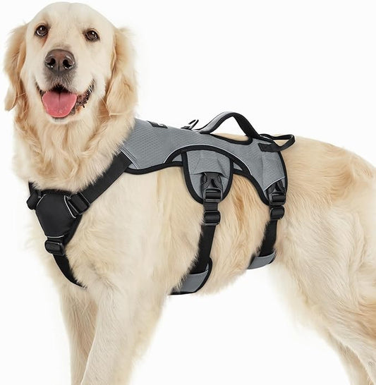 rabbitgoo Escape Proof Dog Harness, Soft Padded Full Body Pet Harness, Reflective Adjustable No Pull Vest with Lift Handle and Leash Clip for Large Dogs Walking Hiking Training, L, Grey