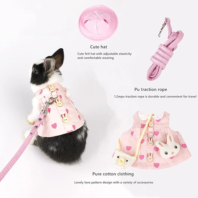Guinea Pig Clothes,Soft Bunny Ferret Clothes with Pet Rabbit Harness and Leash Mini Hat Bag Cute Brooch for Kitten Small Animal Collars