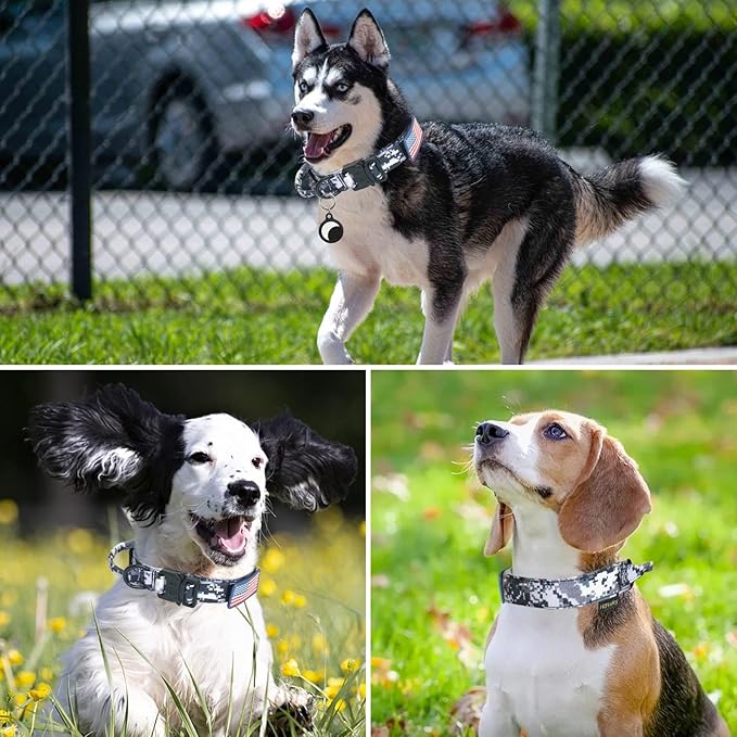 Hotsky Tactical Dog Collar, Adjustable Military Training Nylon Airtag Collar with Handle and Heavy Duty Metal Buckle for Medium Large Dogs, with Airtag Holder and Two Patches(XL)