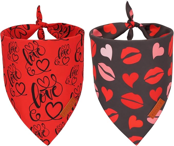 PTDECOR Valentine Dog Bandana,Black Red Lip Love Heart Design Reversible Dog Scarf, Triangle Valentine Bandanas for Small Pets (Small)