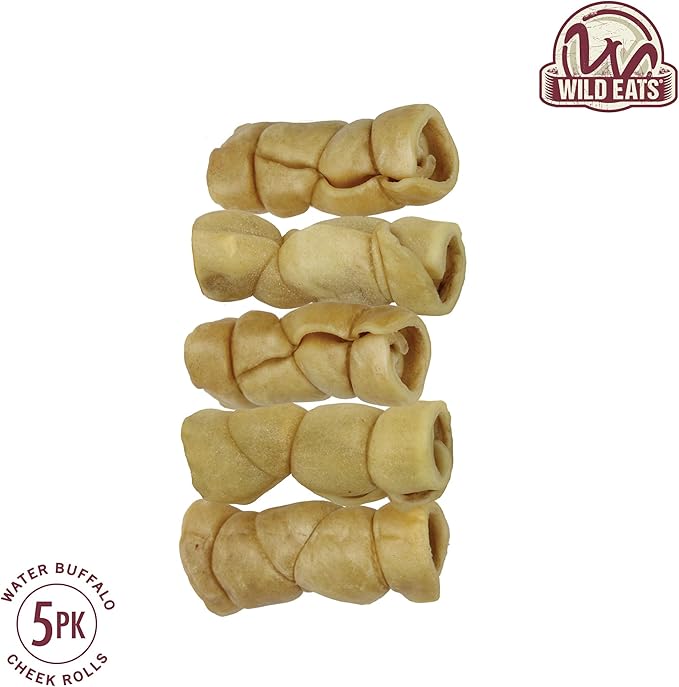 Water Buffalo Retriever Style Cheek Roll 3" Dog Chews-5 Pack (Long Lasting Dog Chews Treats & Bones for Medium Dogs) Substitute for Pig Ears for Dogs
