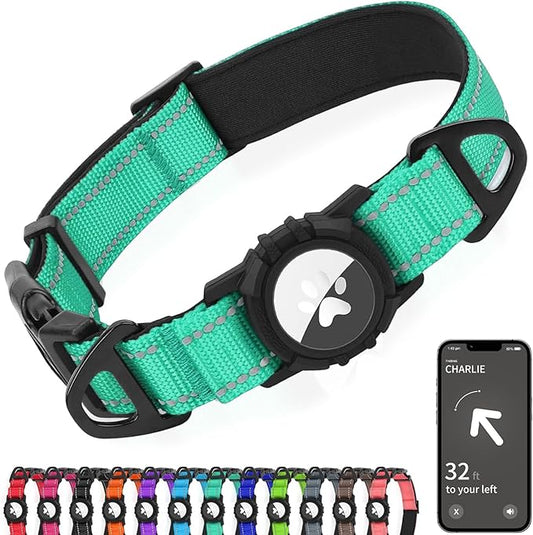 Joytale Airtag Dog Collar, Dual D-Rings, Reflective Pet Collar with Waterproof AirTag Holder, Soft Padded Adjustable for Medium Dogs, Teal, M
